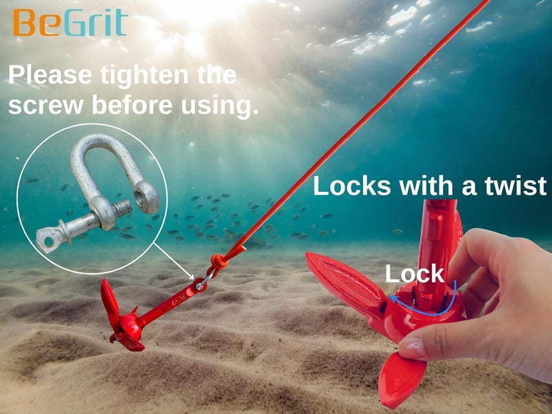BeGrit مرساة قارب BeGrit بوزن 1.5 رطل - مرساة بحرية قابلة للطي للقوارب الصغيرة للصيد، الكاياك، لوح التجديف، الكانو، جت سكي، مع حبل سحب بطول 32.8 قدم وحقيبة حمل. - Image 4